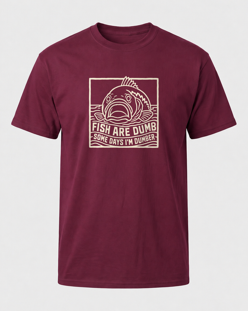 Fish Are Dumb Etched tee — maroon, front