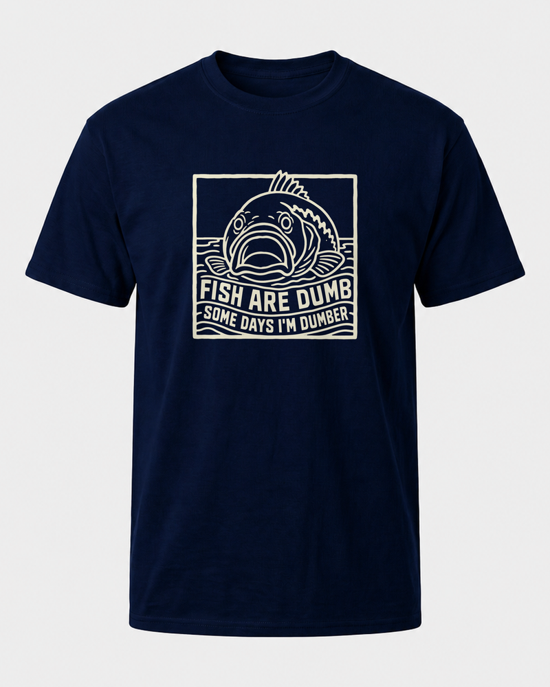 Fish Are Dumb Etched tee — navy, front