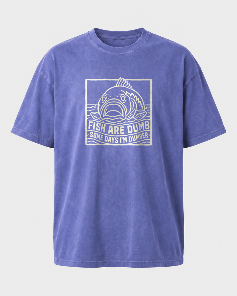Fish Are Dumb Etched washed tee — washed blue, front