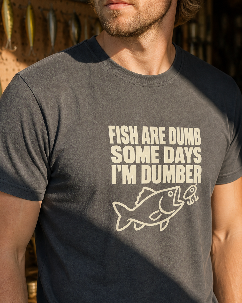 Fish Are Dumb, Some Days I'm Dumber tee — charcoal, worn, side