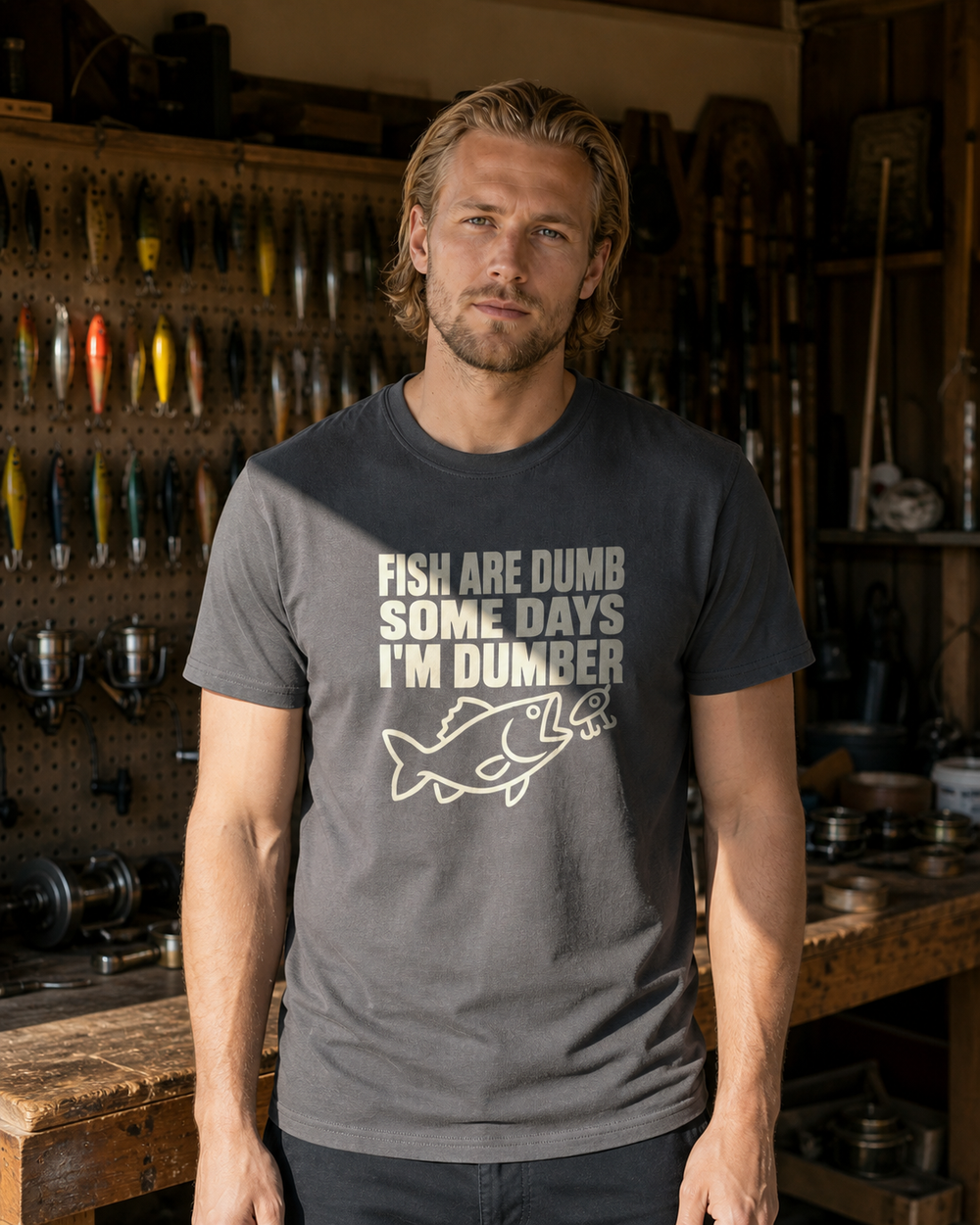 Fish Are Dumb, Some Days I'm Dumber tee — charcoal, worn, front