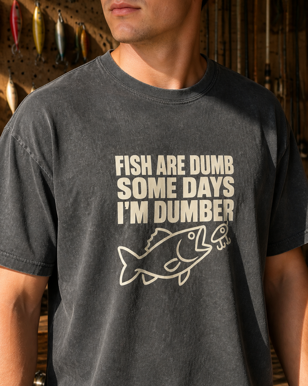 Fish Are Dumb, Some Days I'm Dumber washed tee — washed black, worn, side