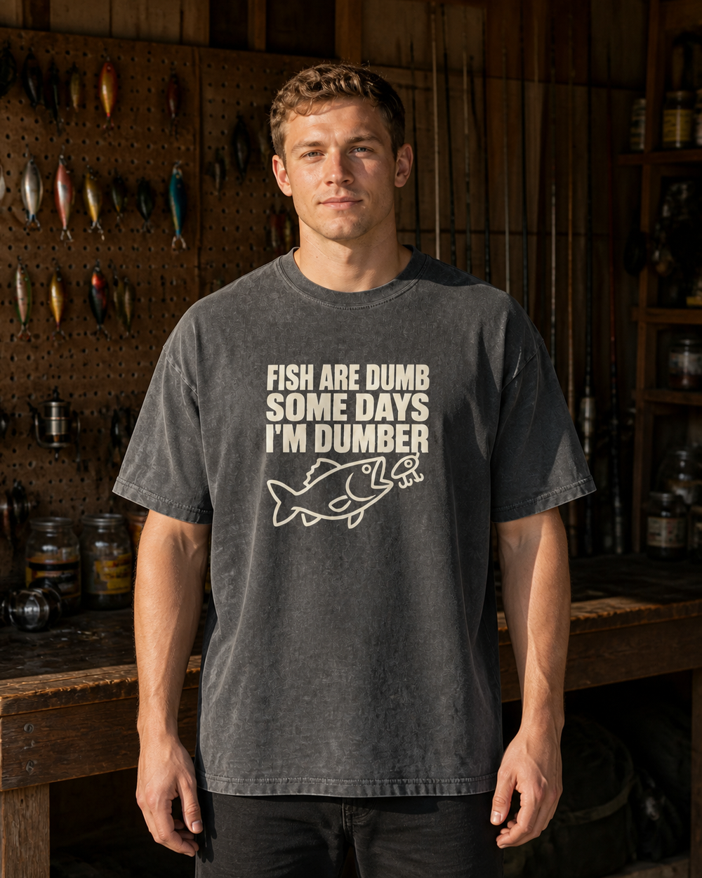 Fish Are Dumb, Some Days I'm Dumber washed tee — washed black, worn, front