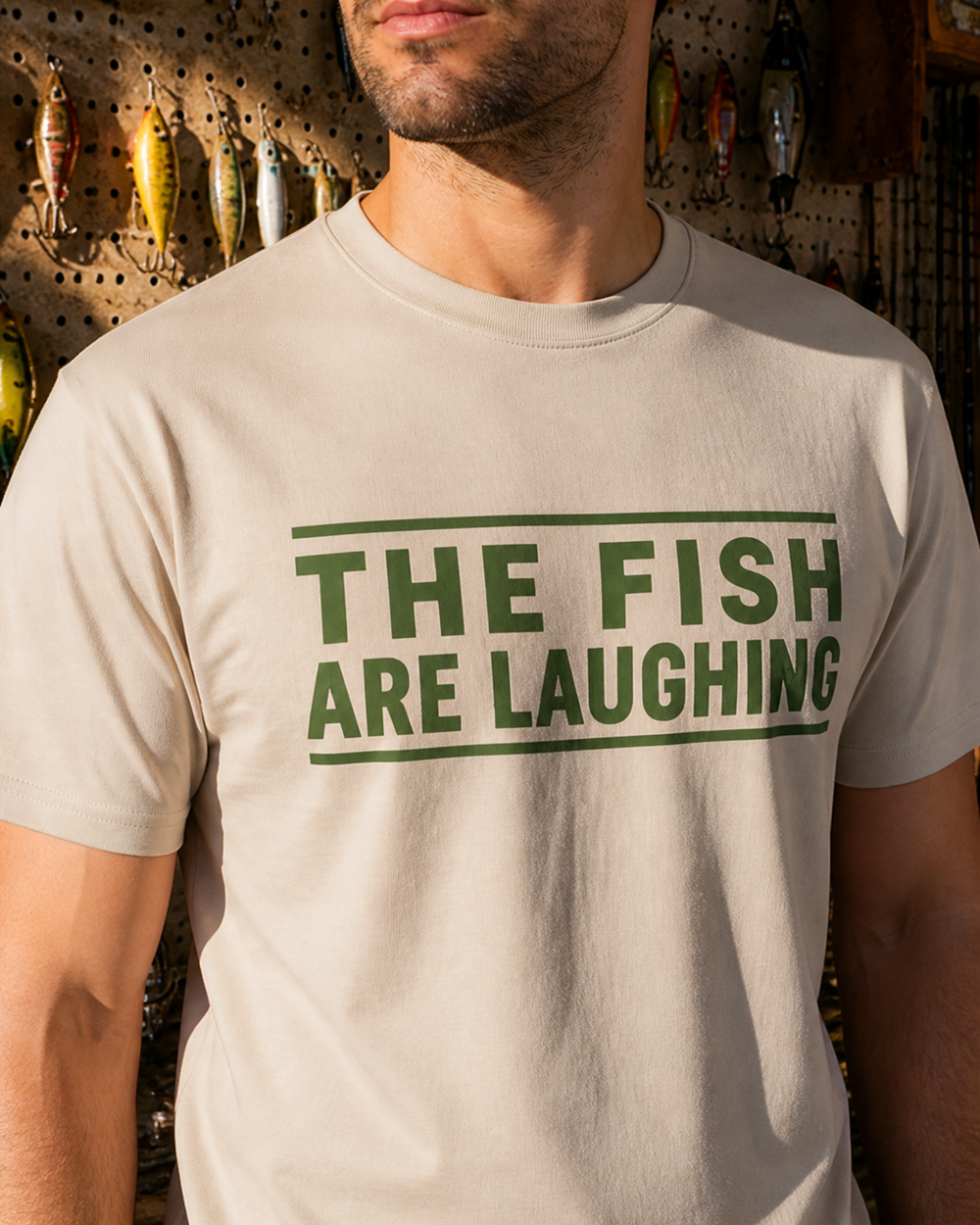 The Fish Are Laughing — Classic Type tee — sand, worn, side
