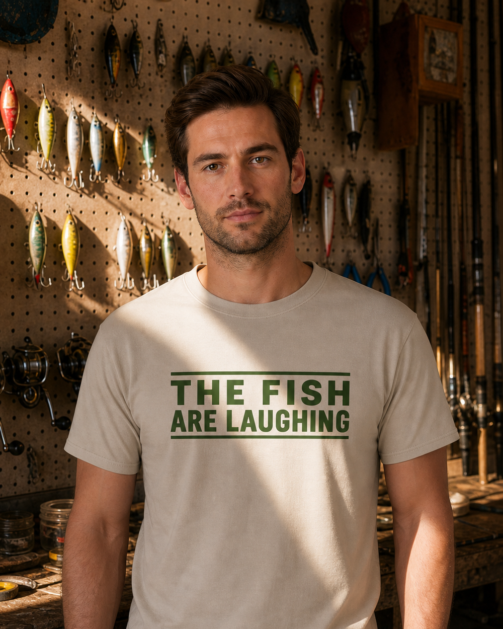 The Fish Are Laughing — Classic Type tee — sand, worn, front