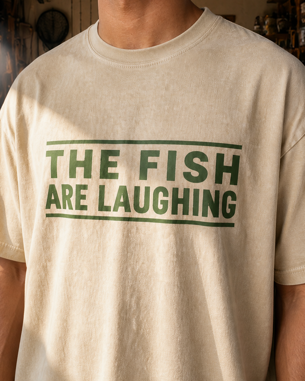 The Fish Are Laughing — Classic Type washed tee — washed bone, worn, side