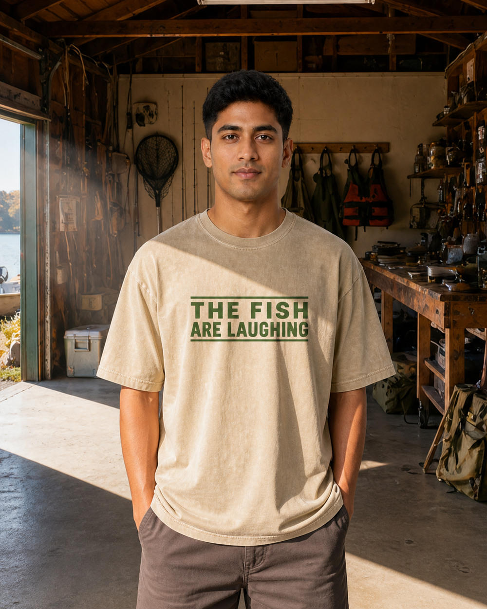 The Fish Are Laughing — Classic Type washed tee — washed bone, worn, front