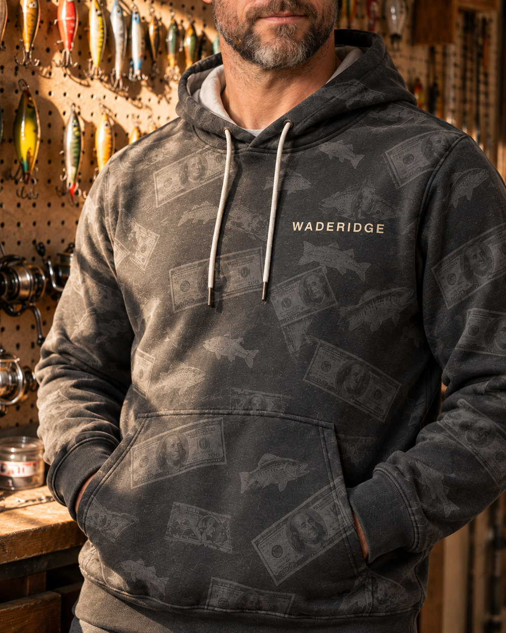 Fish Financial Damage Bass In Sunglasses All-Over Print Hoodie — model angle