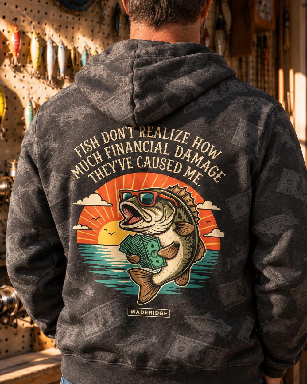 Fish Financial Damage Bass In Sunglasses All-Over Print Hoodie — model back angle