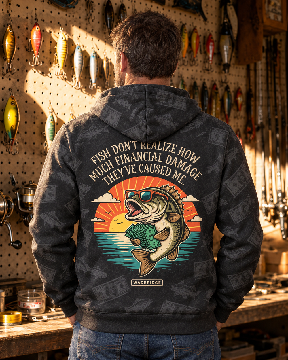 Fish Financial Damage Bass In Sunglasses All-Over Print Hoodie — model back