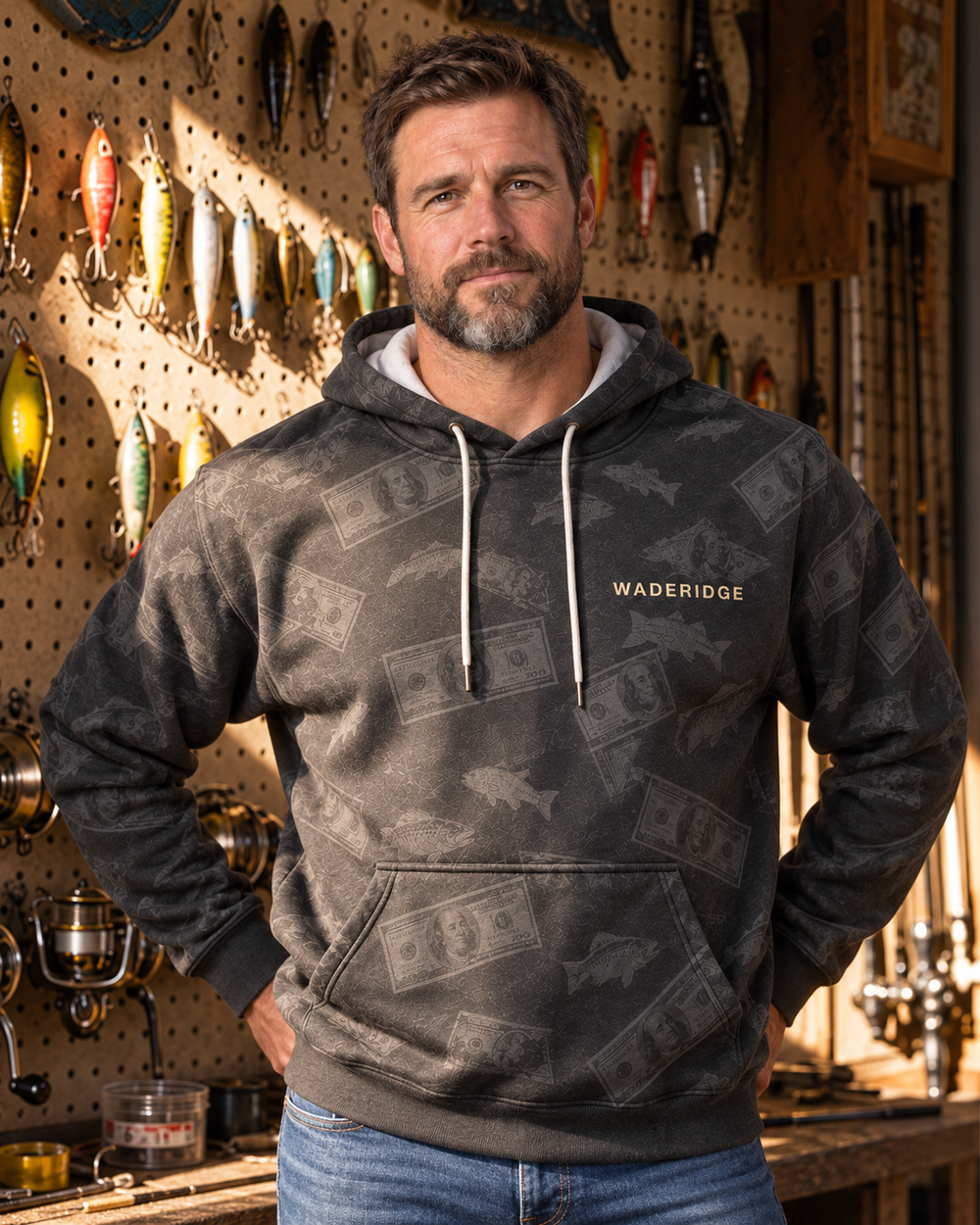 Fish Financial Damage Bass In Sunglasses All-Over Print Hoodie — model front