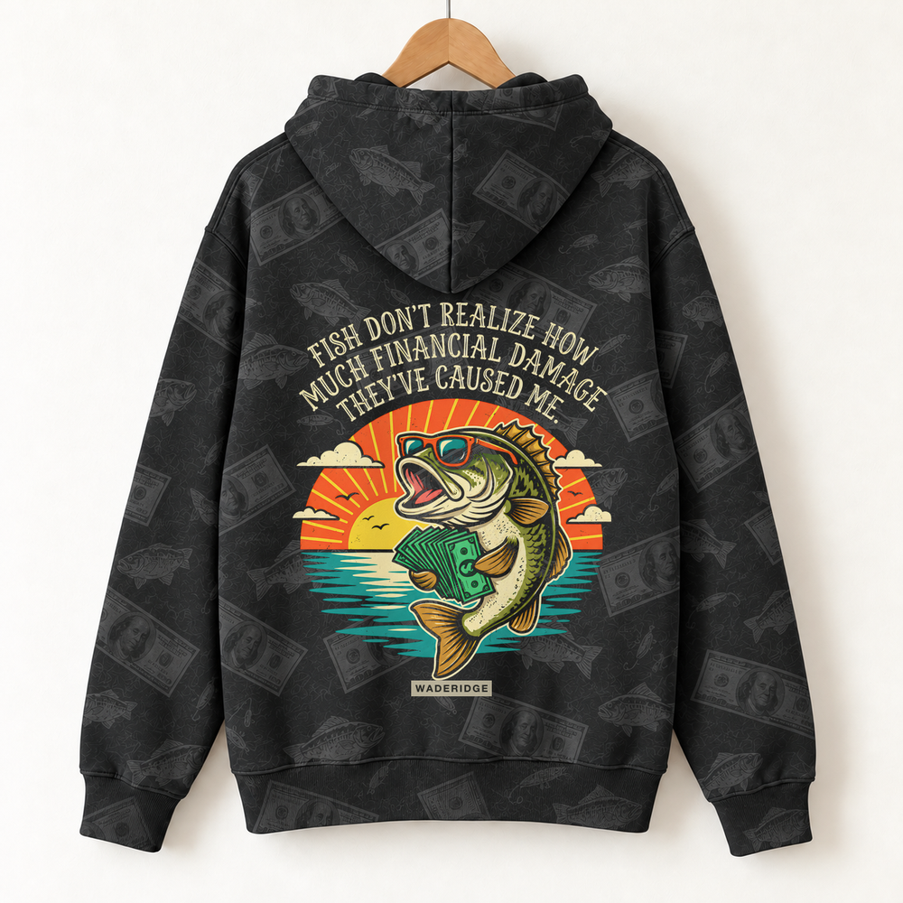 Fish Financial Damage Bass In Sunglasses All-Over Print Hoodie — on a hanger, back