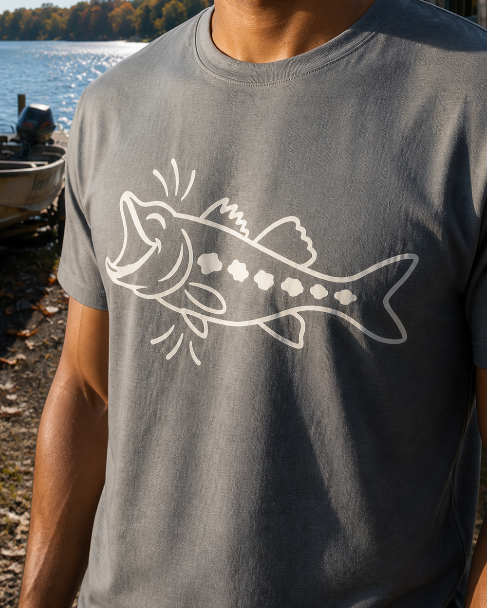 Laughing Fish tee — charcoal, worn, side