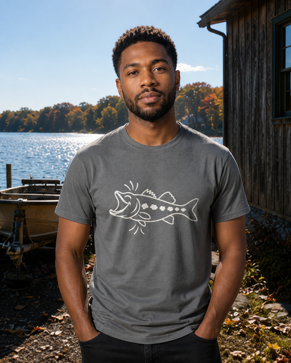 Laughing Fish tee — charcoal, worn, front