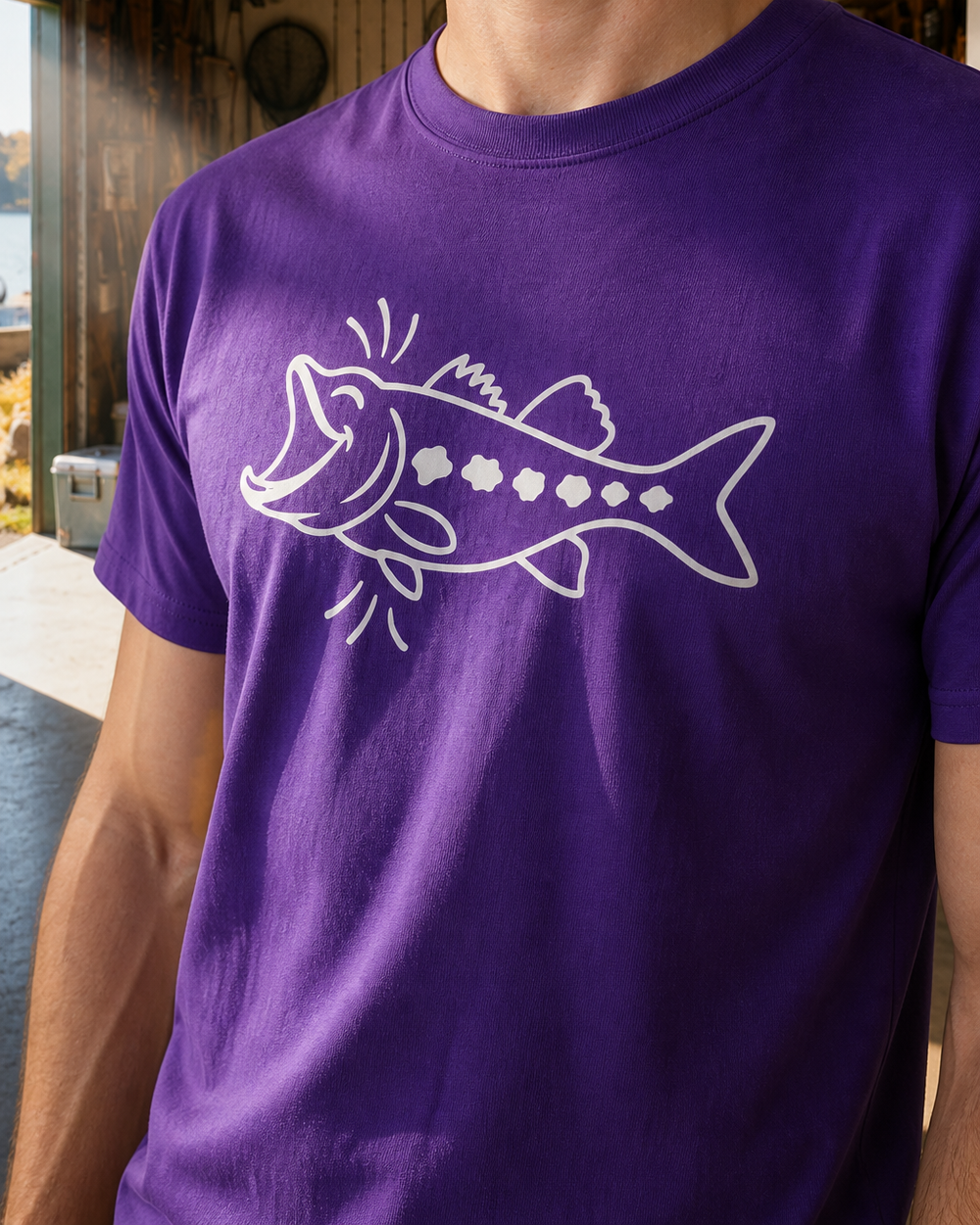 Laughing Fish tee — purple, worn, side
