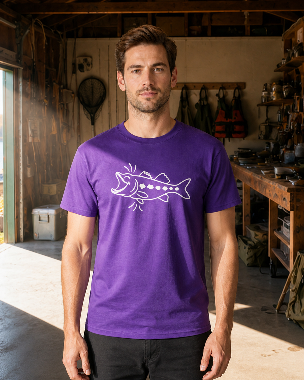 Laughing Fish tee — purple, worn, front