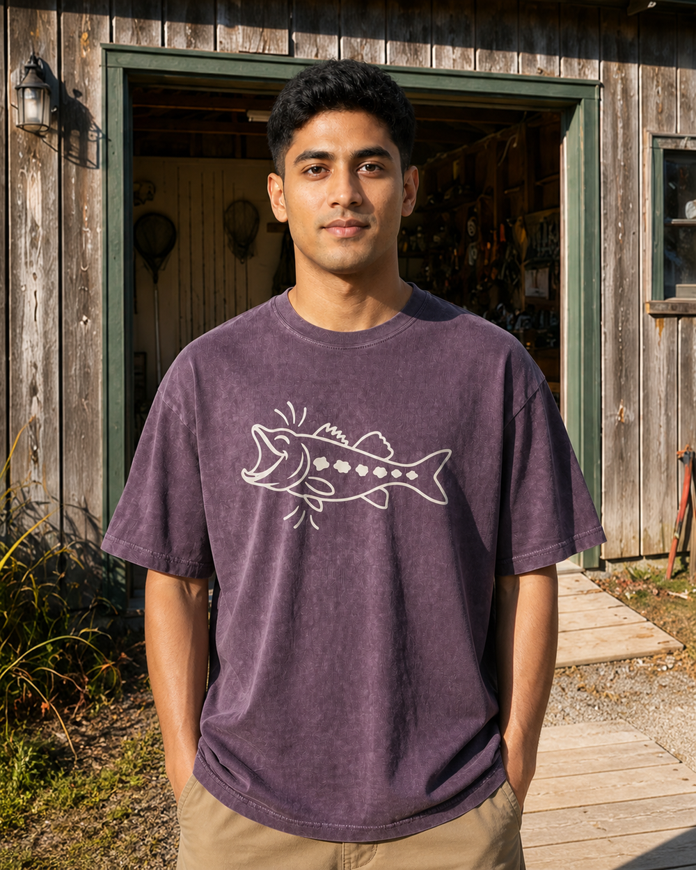 Laughing Fish washed tee — washed violet, worn, front