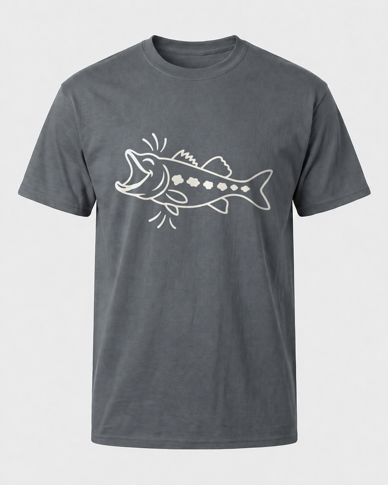 Laughing Fish tee — charcoal, front