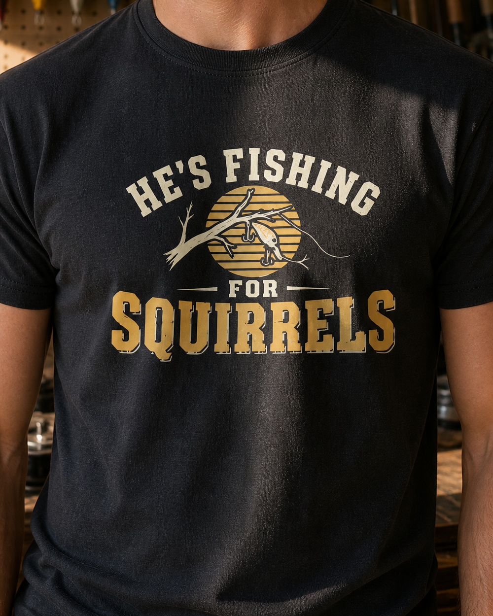 Fishing For Squirrels tee — black, worn, side