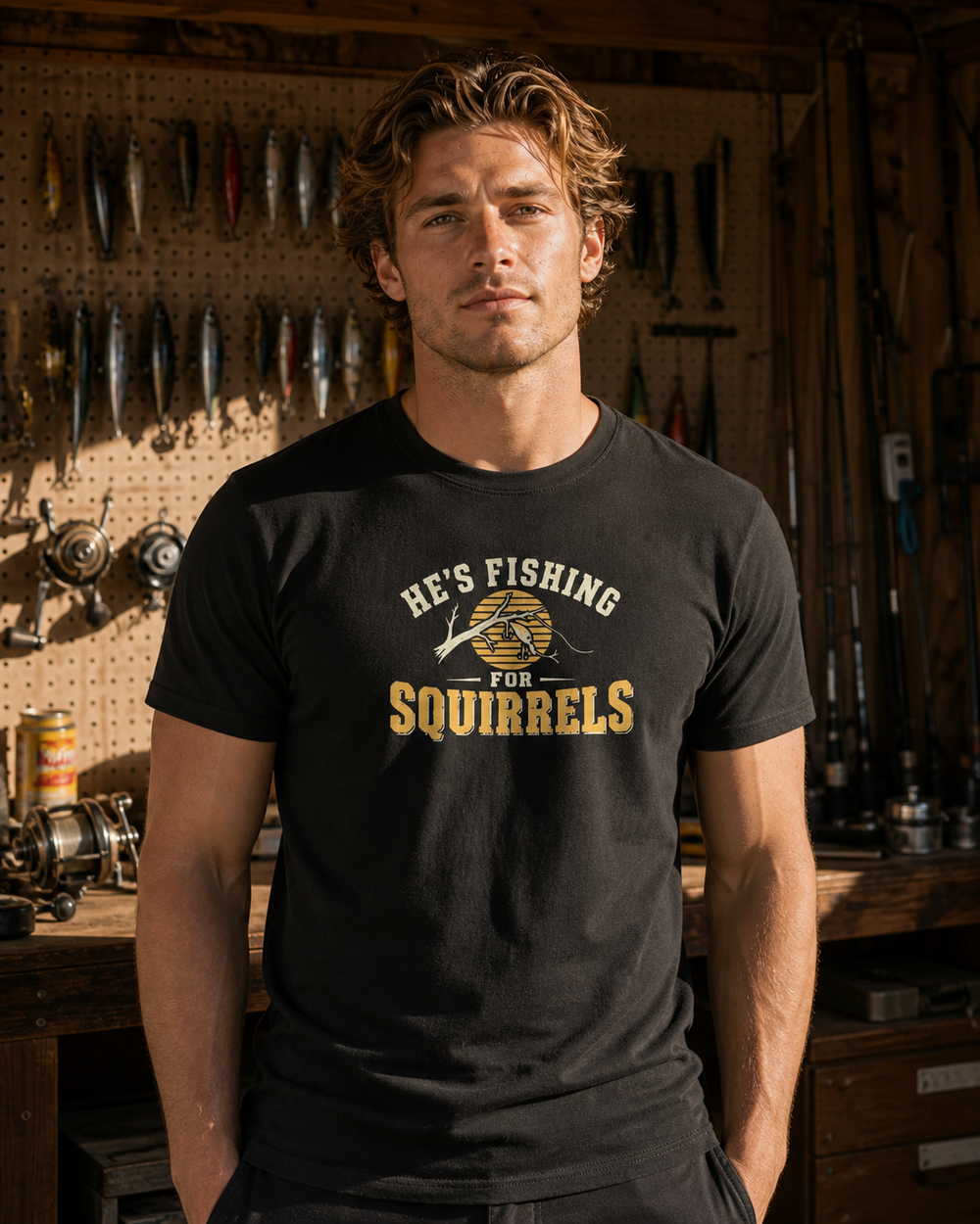 Fishing For Squirrels tee — black, worn, front