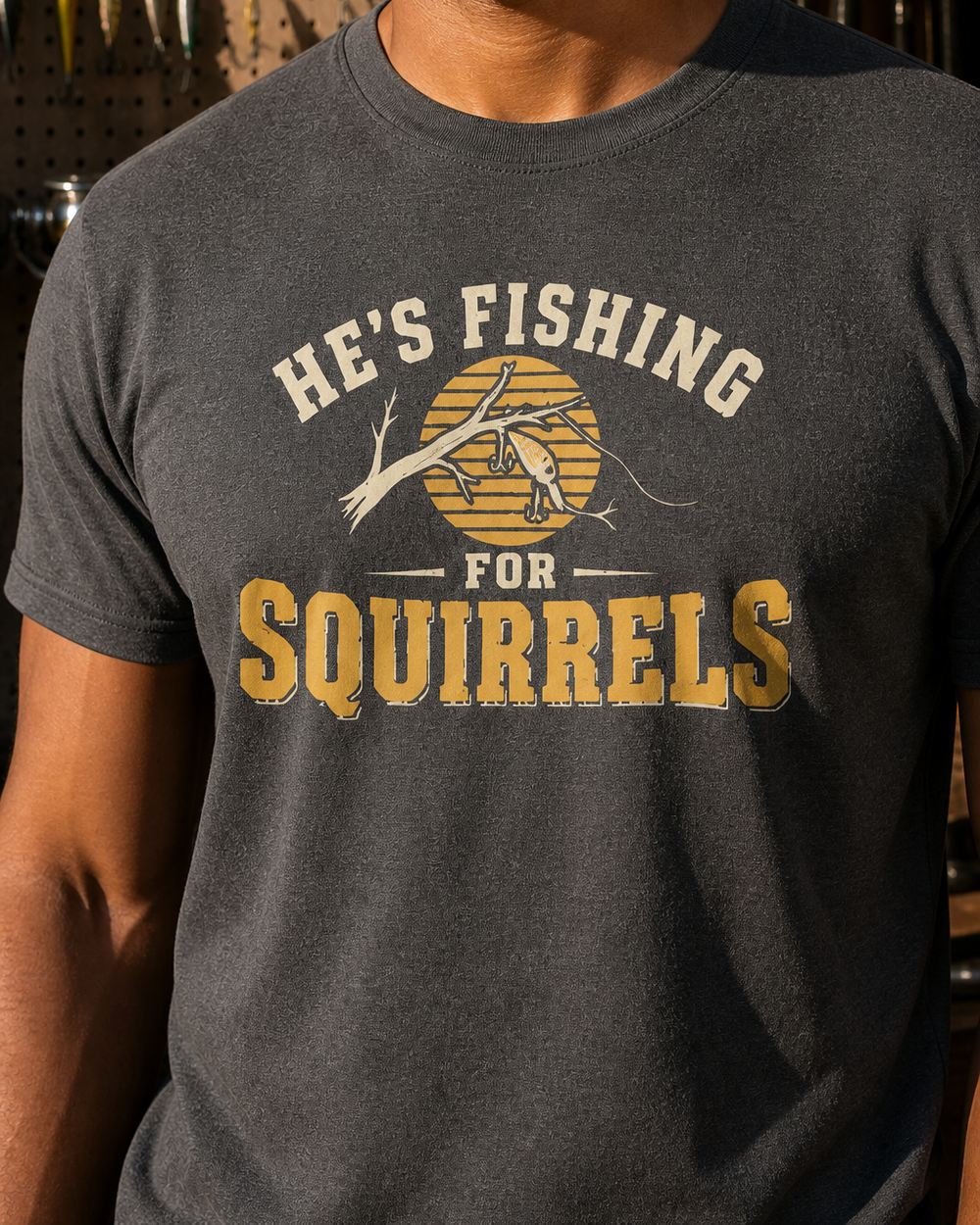 Fishing For Squirrels tee — dark heather, worn, side