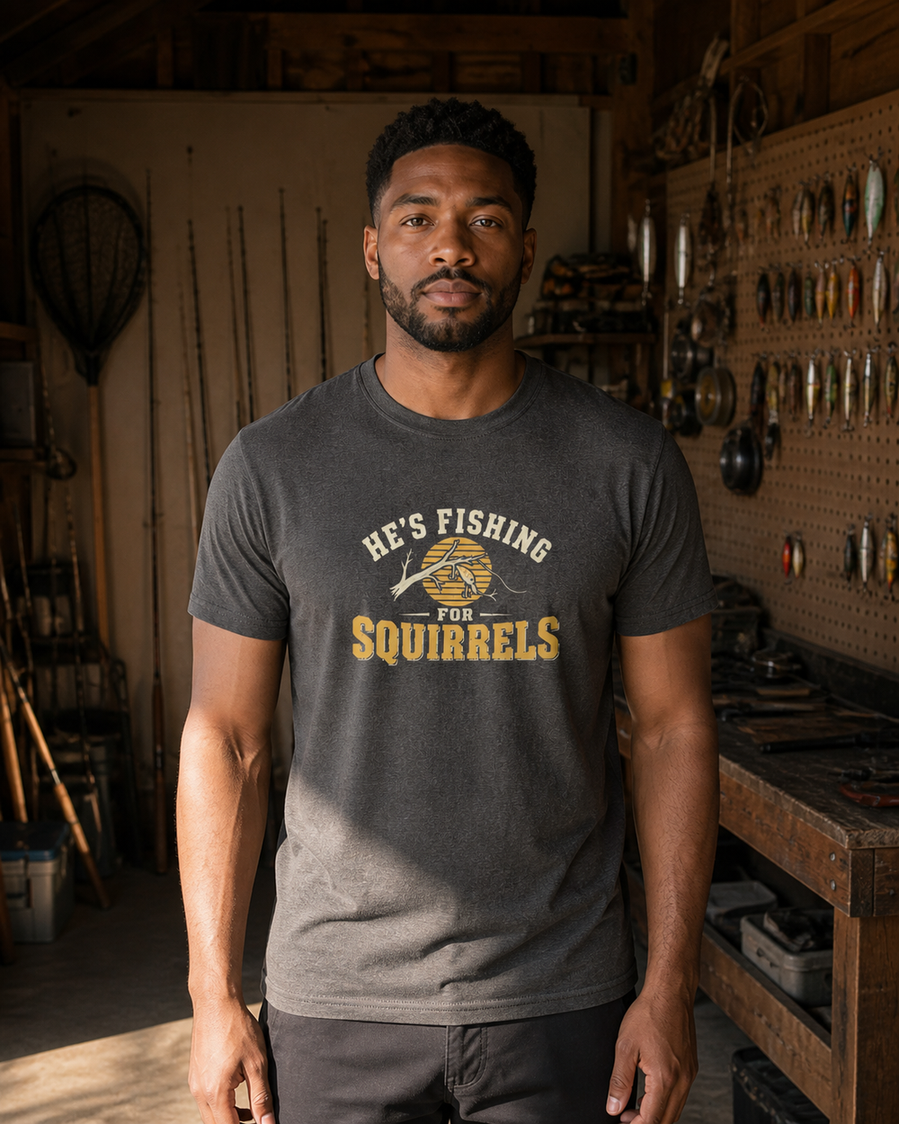 Fishing For Squirrels tee — dark heather, worn, front