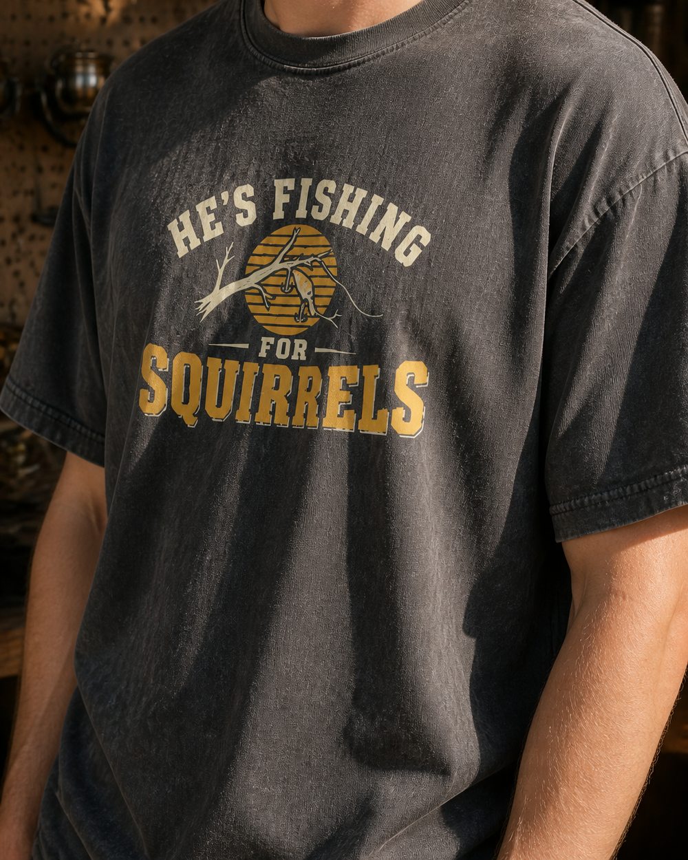 Fishing For Squirrels washed tee — washed black, worn, side