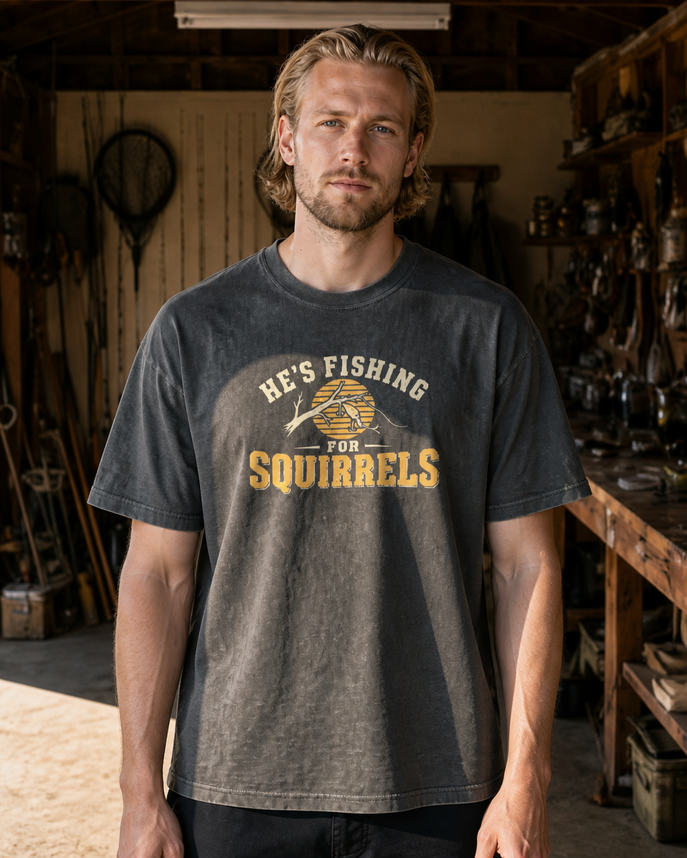 Fishing For Squirrels washed tee — washed black, worn, front