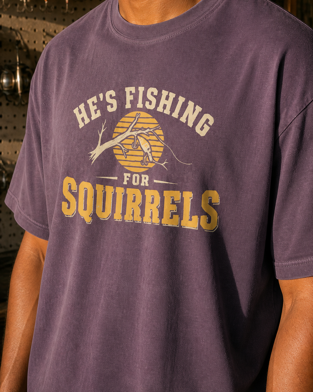 Fishing For Squirrels washed tee — washed violet, worn, side
