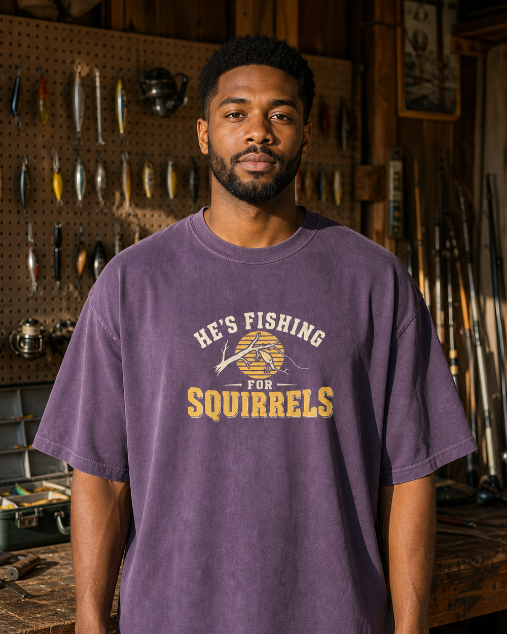 Fishing For Squirrels washed tee — washed violet, worn, front