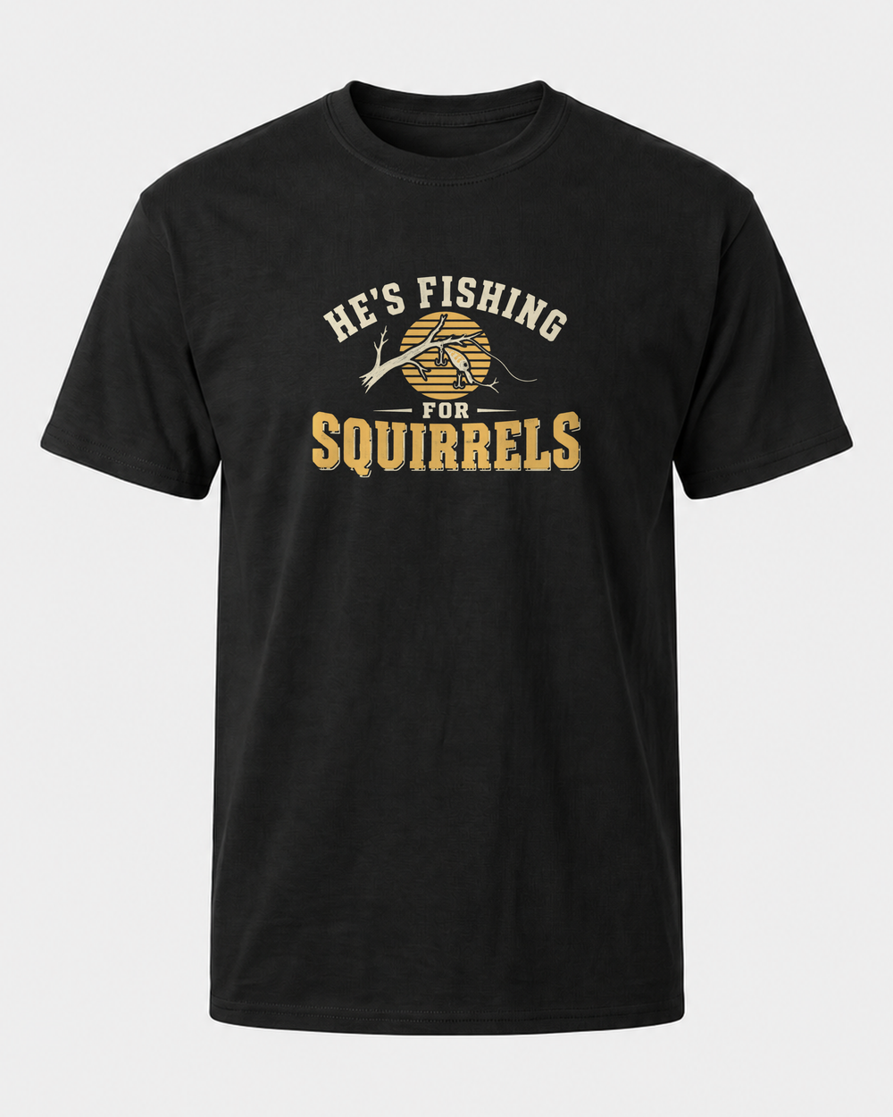 Fishing For Squirrels tee — black, front