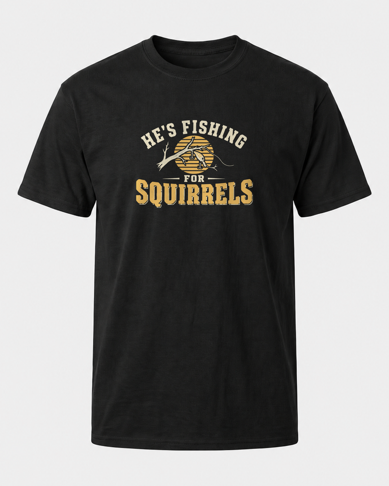 Fishing For Squirrels tee — black, front