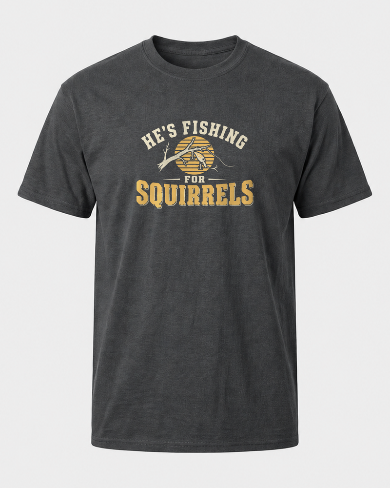 Fishing For Squirrels tee — dark heather, front