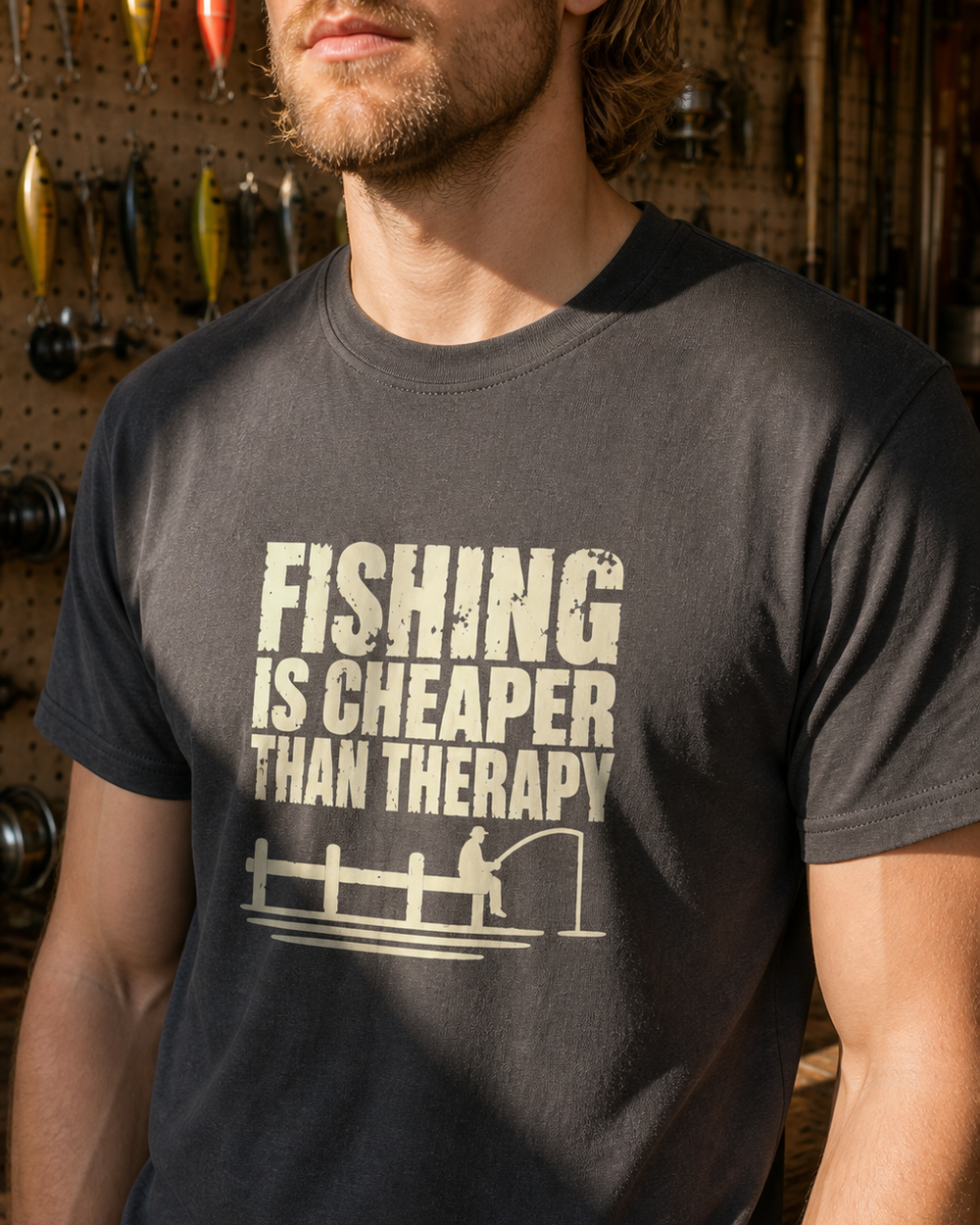 Fishing Is Cheaper Than Therapy tee — charcoal, worn, side