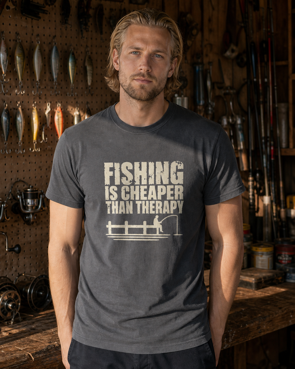 Fishing Is Cheaper Than Therapy tee — charcoal, worn, front