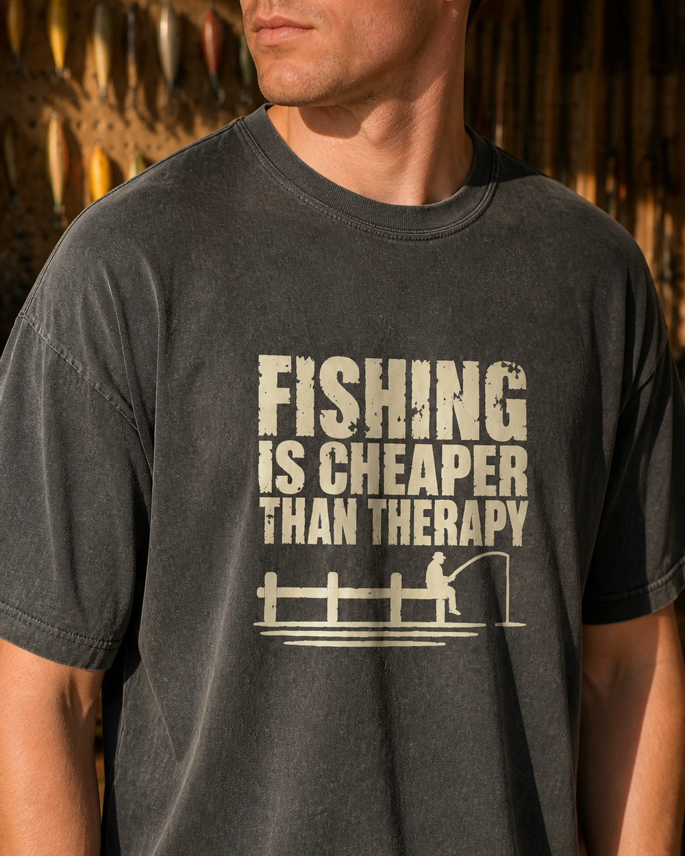 Fishing Is Cheaper Than Therapy washed tee — washed black, worn, side