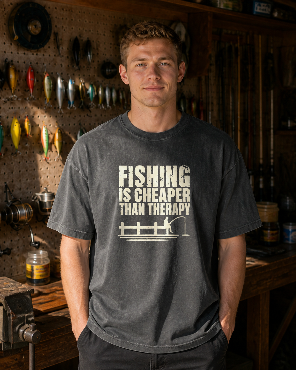 Fishing Is Cheaper Than Therapy washed tee — washed black, worn, front