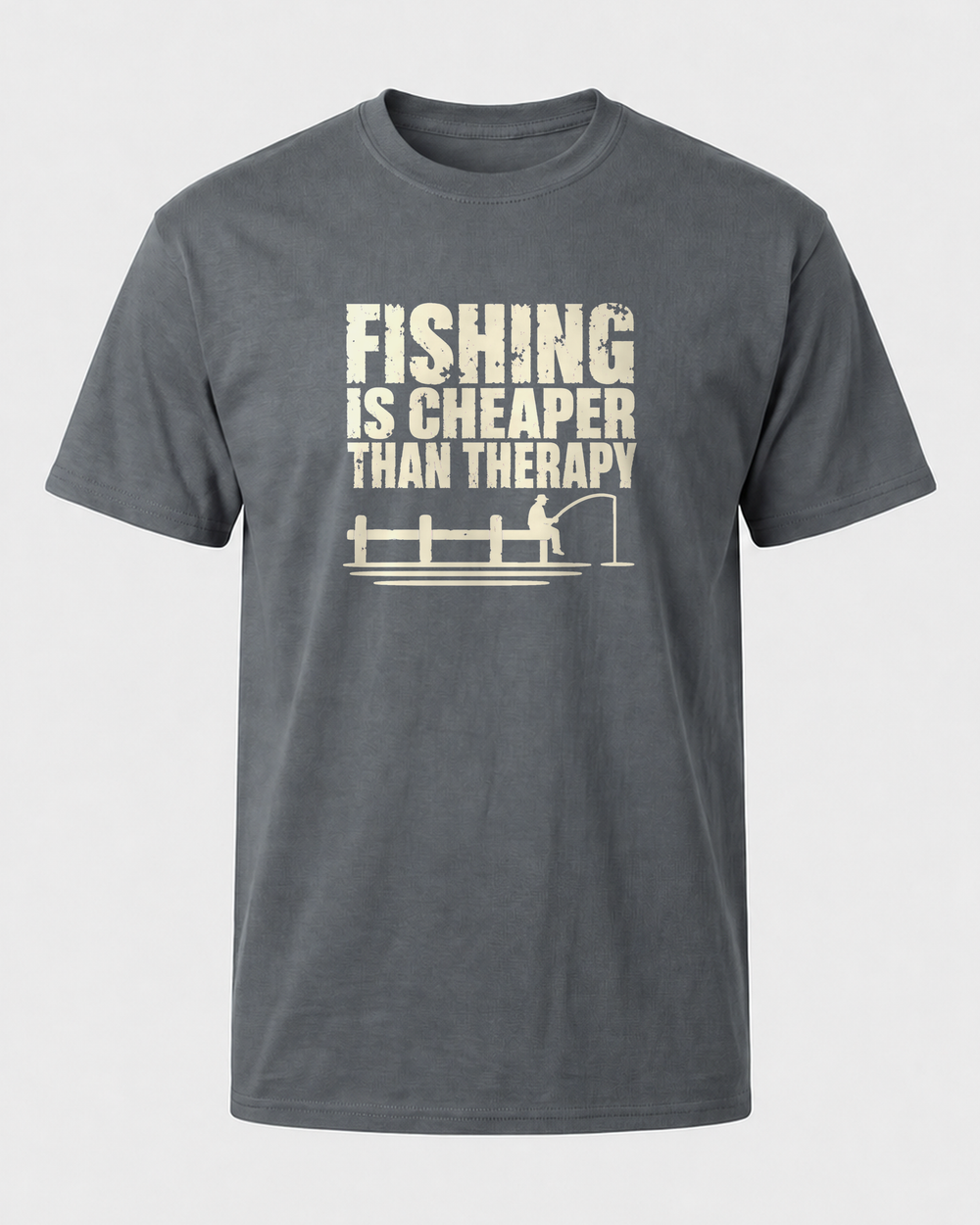 Fishing Is Cheaper Than Therapy tee — charcoal, front
