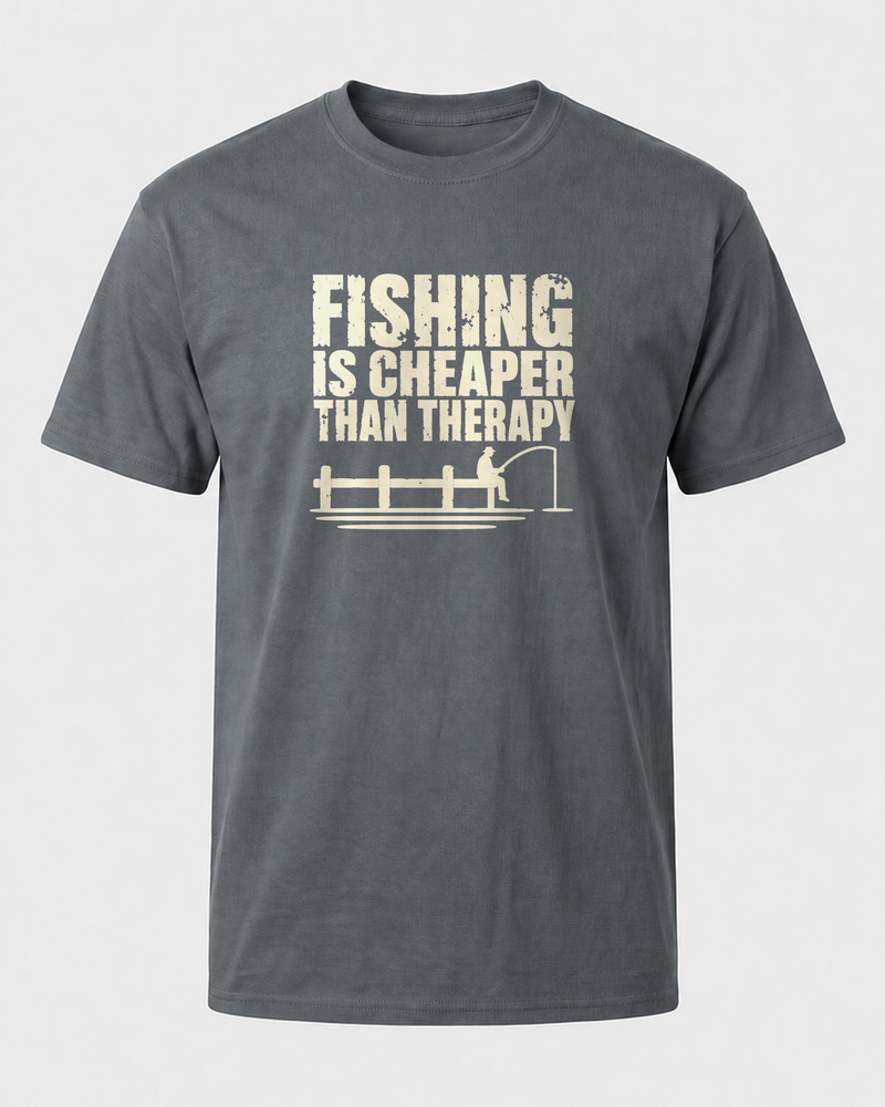 Fishing Is Cheaper Than Therapy tee — charcoal, front