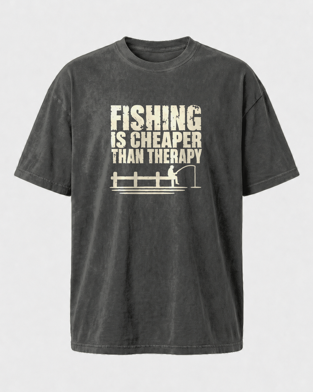 Fishing Is Cheaper Than Therapy washed tee — washed black, front
