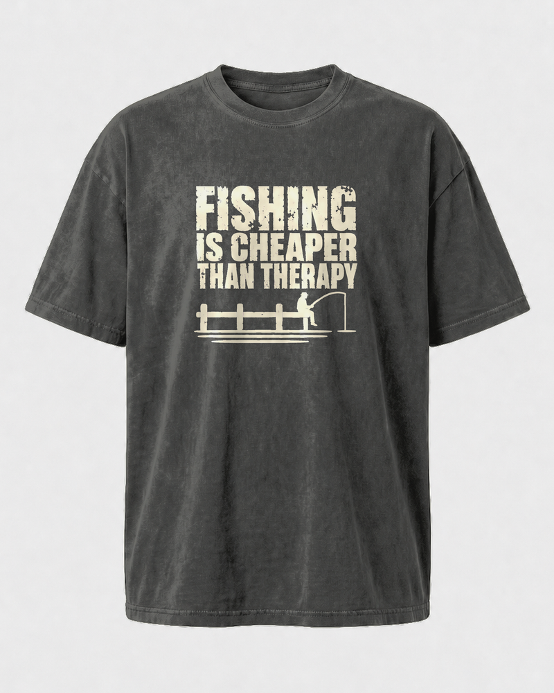 Fishing Is Cheaper Than Therapy washed tee — washed black, front