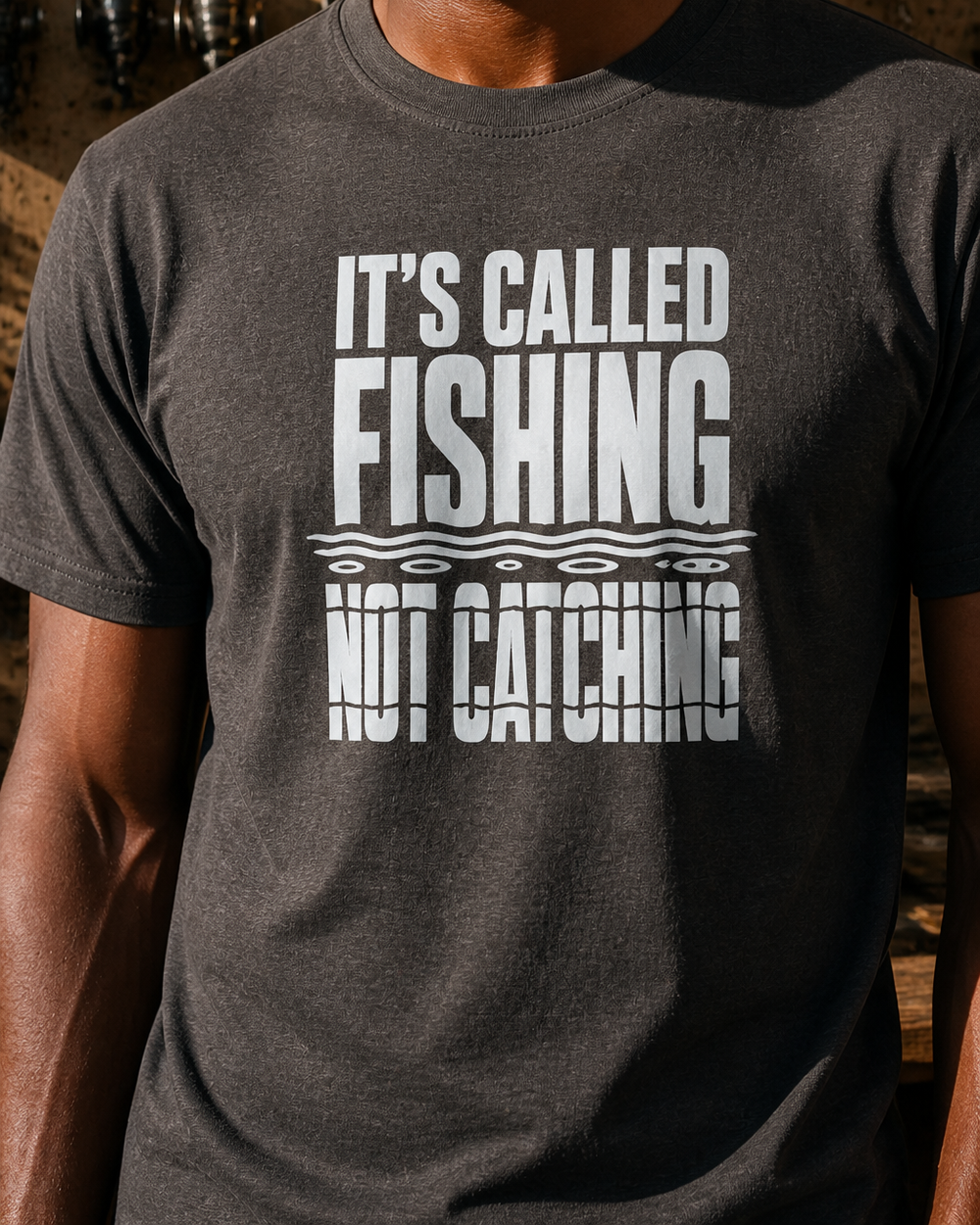 It's Called Fishing (free) tee — dark heather, worn, side