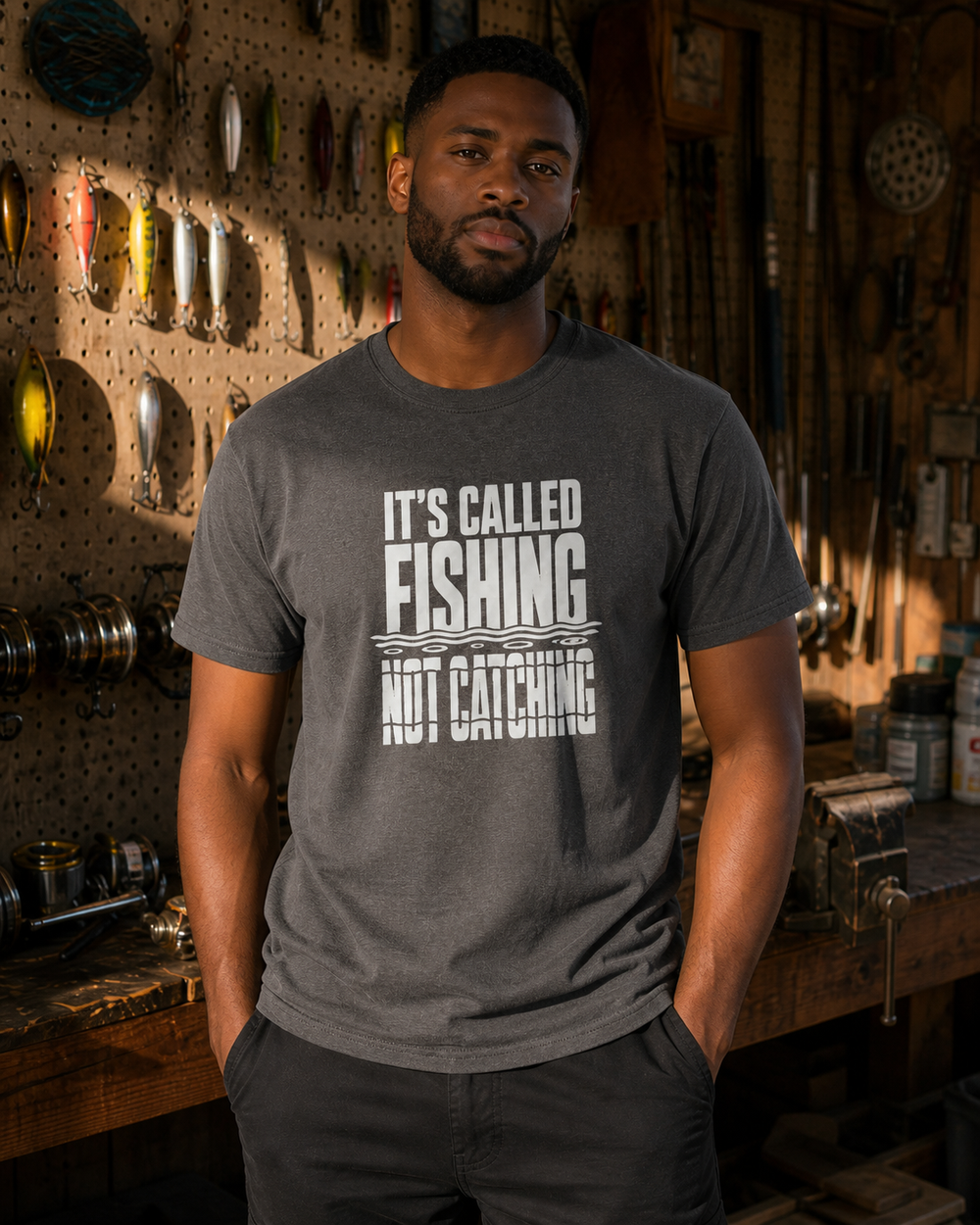 It's Called Fishing (free) tee — dark heather, worn, front