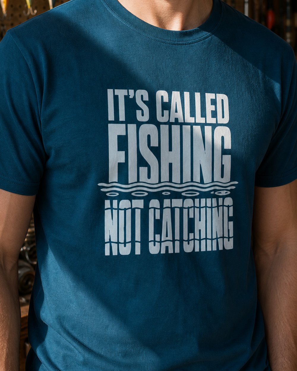 It's Called Fishing (free) tee — midnight navy, worn, side
