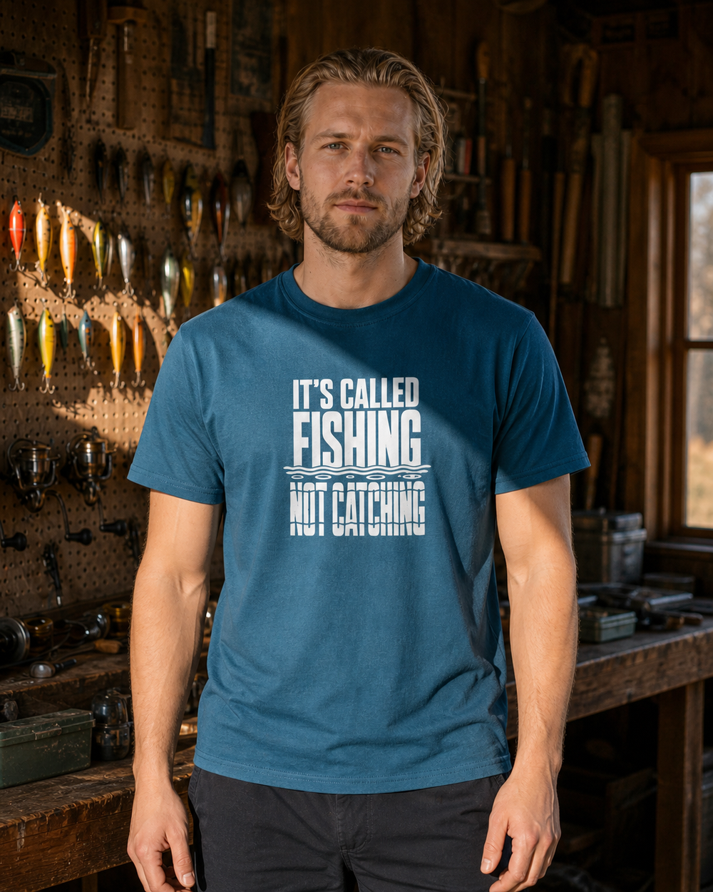 It's Called Fishing (free) tee — midnight navy, worn, front