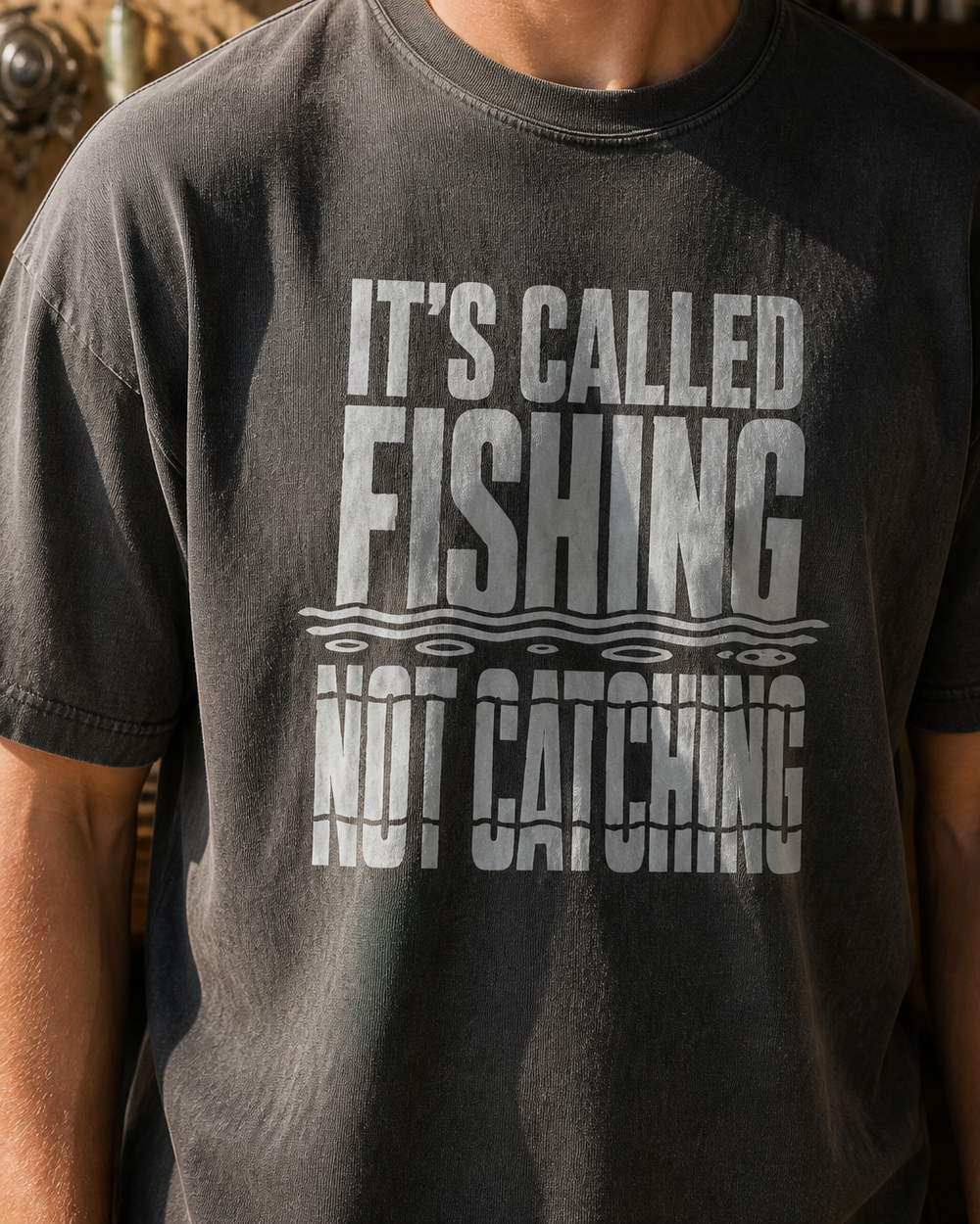 It's Called Fishing (free) washed tee — washed black, worn, side