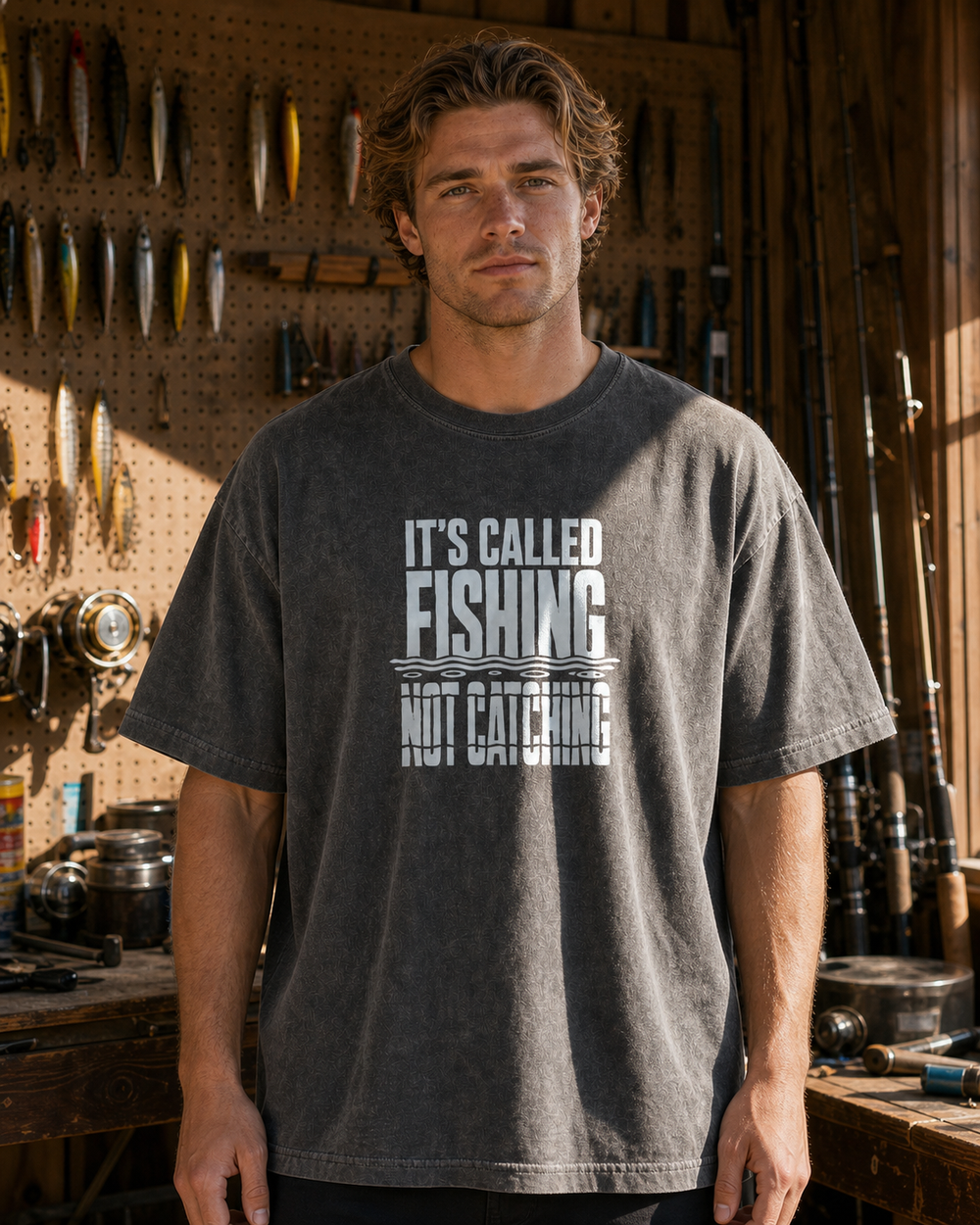 It's Called Fishing (free) washed tee — washed black, worn, front