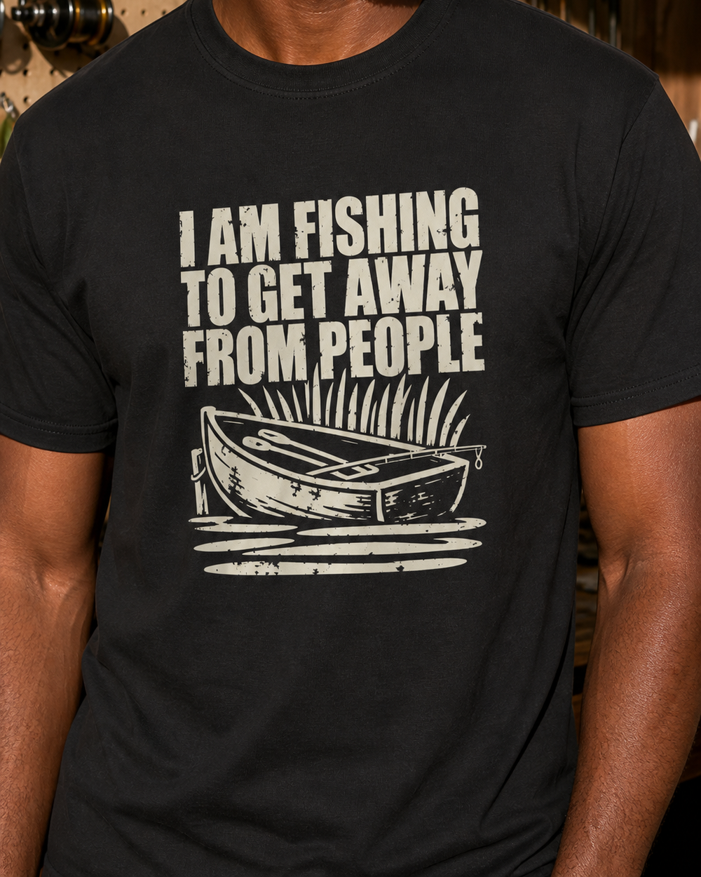 I Am Fishing to Get Away From People tee — black, worn, side
