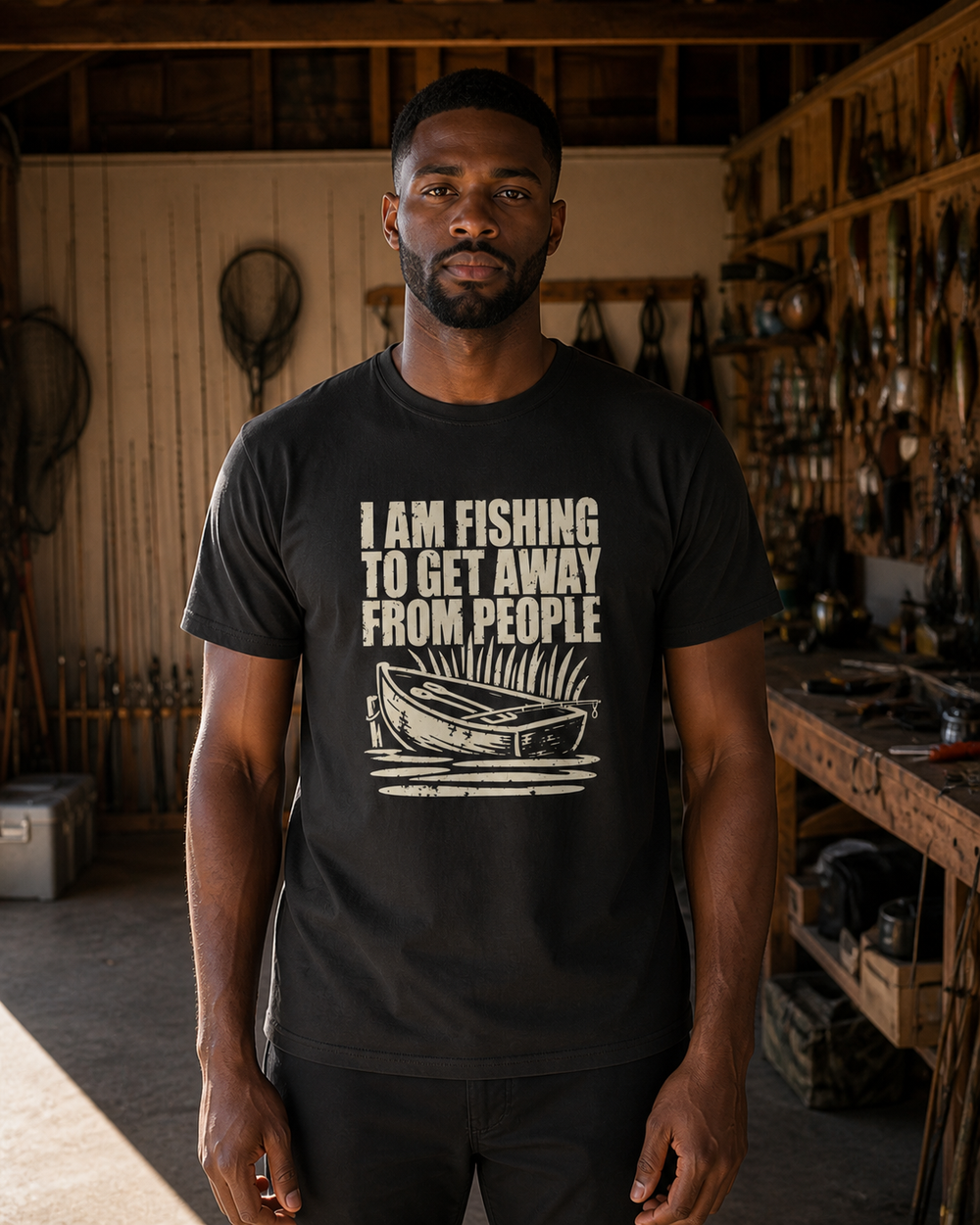 I Am Fishing to Get Away From People tee — black, worn, front