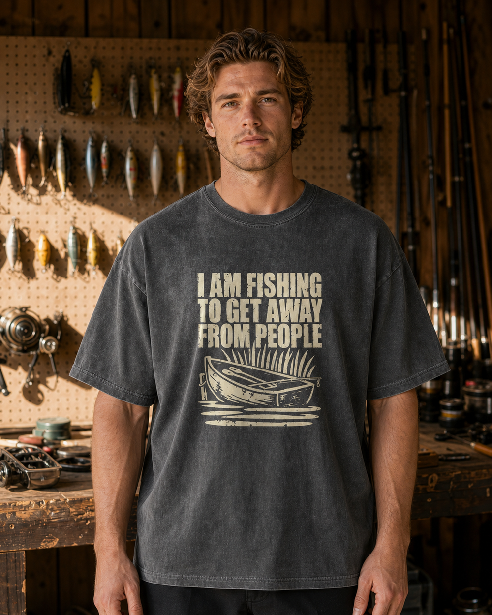 I Am Fishing to Get Away From People washed tee — washed black, worn, front